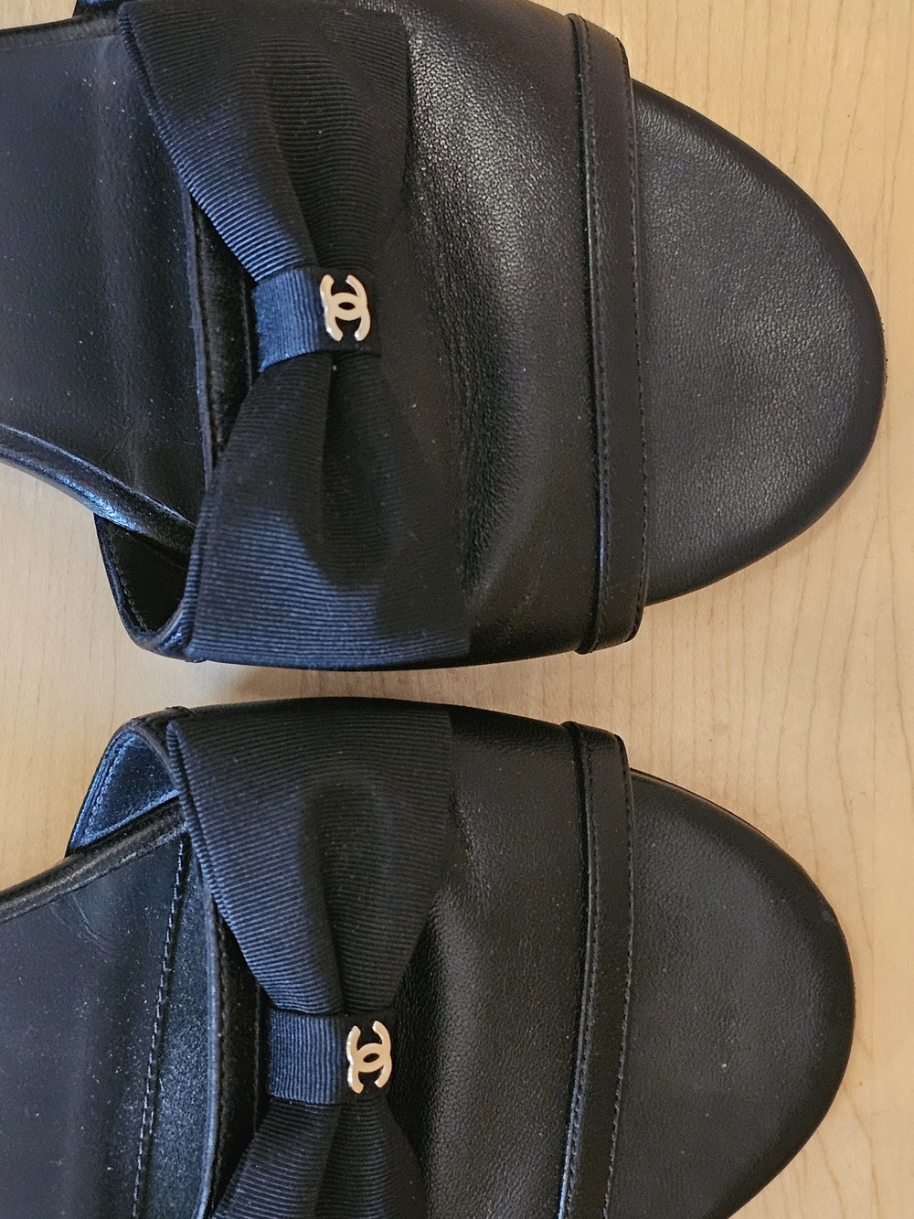 CHANEL Black Bow Slide Sandals with Gold CC Accent - Picture 2 of 5